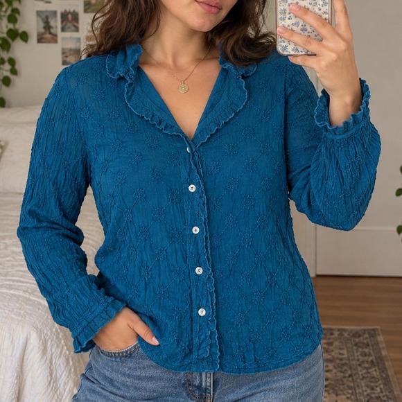 Johnny Was Tops - Johnny Was Item Teal Blue Embroidered Crinkle fairy Ruffle Blouse XL vintage